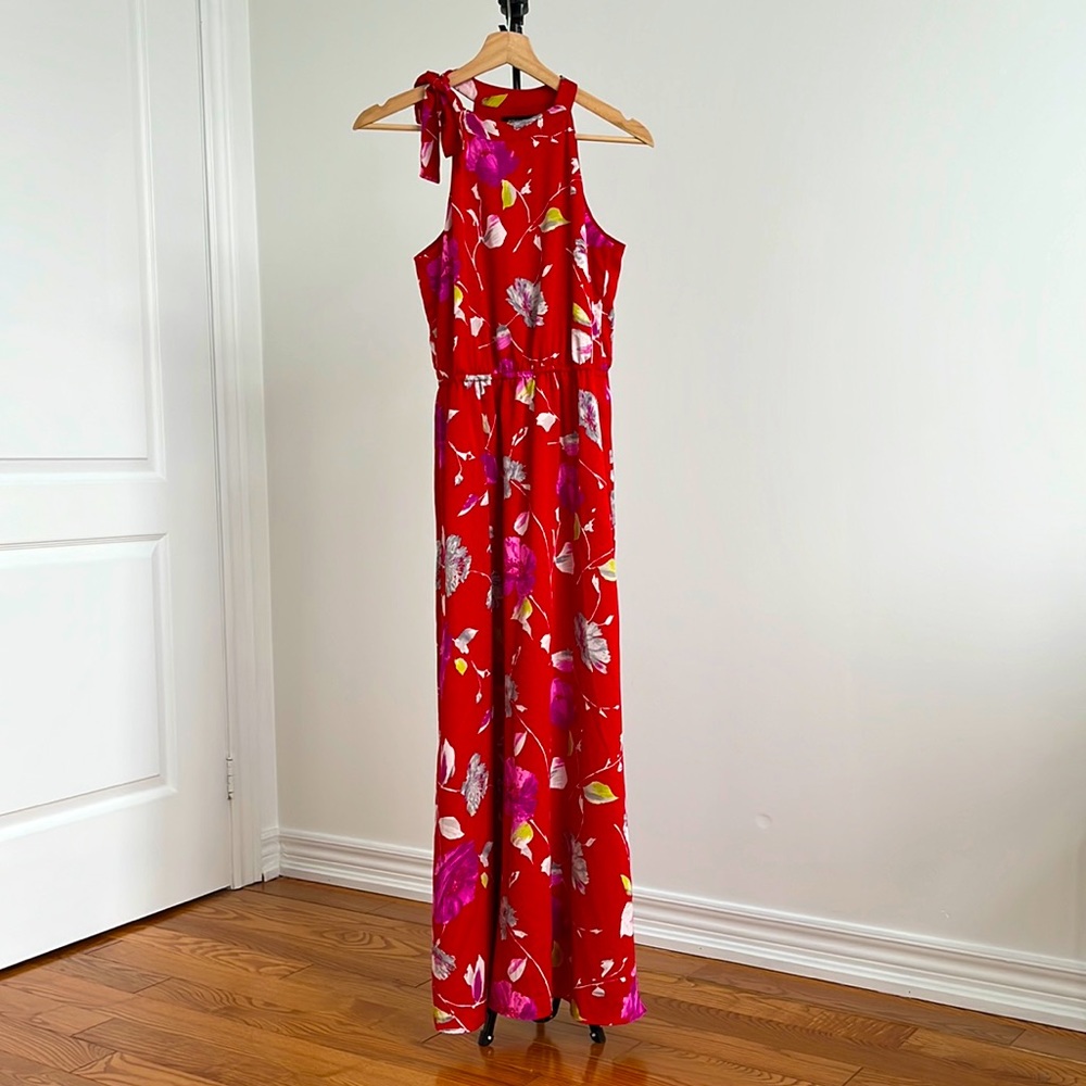 Banana Republic Red Floral Halter Tie Neck Maxi Dress XSP
